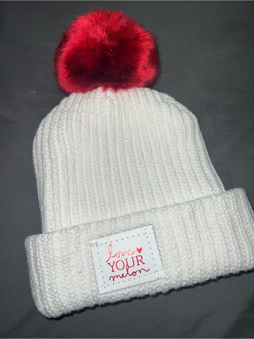 Love Your Melon Adult White Knit Beanie with Red Pom